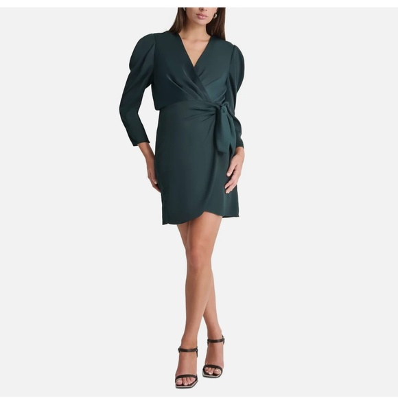 DKNY Green Faux-Wrap Puff-Sleeve V-Neck Dress – XS – NWT – $138 - Picture 1 of 4
